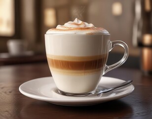 A close-up shot of a cappuccino cup with creamy foam and rich espresso ,  dessert,  barista art,  drink
