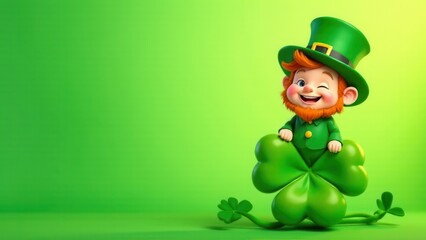 A friendly leprechaun with vibrant red hair and a green outfit sits on a large shamrock, smiling brightly. The background is a striking green, perfect for a festive occasion.