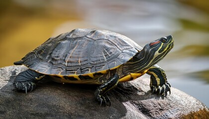 Obraz premium Striking Northern Map Turtle Perched on Rocky Outcrop in a Dappled Woodland Glade, Early Morning Sunlight Highlights Intricate Patterns and Colors of this Majestic Reptile