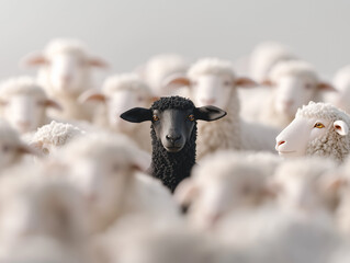 Mouton noir au milieu d'un troupeau de moutons blancs