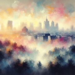 Obraz premium city ​​in fog in impressionism style