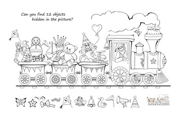 Can you find 12 objects hidden in the picture? Logic puzzle game. Illustration of a train with toys. Page for kids brain teaser book. Coloring book. Black and white vector drawing.