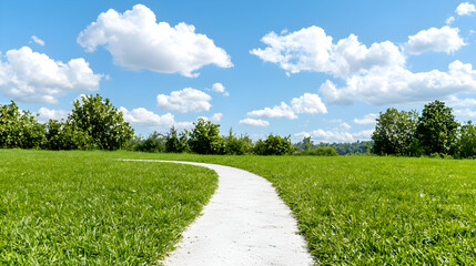 Obraz premium Winding path through green park, sunny day, blue sky, clouds. Use Relaxation, travel