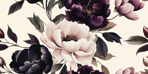 Vector seamless pattern with vintage beige and burgundy peonies, roses with dark and black shades, floral print, Botanical art for textiles, interior, clothes, wallpaper
