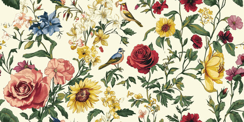 Vector seamless floral colorful pattern, vintage botanical illustrations and modern floral motifs, Trendy contemporary nature background, organic plant leaves artwork wallpaper print, spring texture