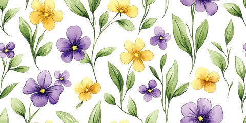Obraz premium Vintage violet and yellow wildflowers pattern, white background, vector seamless patterns with floral for fabric, textiles, clothing, wrapping paper, cover, banner, home decor, abstract backgrounds.
