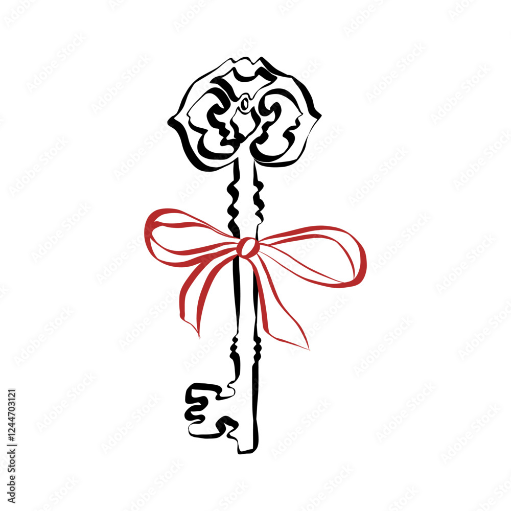 Poster coquette key with ribbon bow of hand drawn line art style. simple crayon and sketch symbol for valen