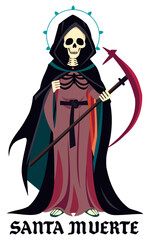 Santa Muerte. Holy death with scythe. Vector isolated illustration with lettering