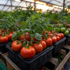 Greenhouse ripe red tomatoes harvest, growing plants, sunset