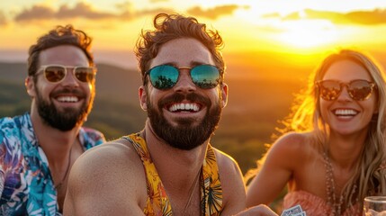 Fototapeta premium Friends laughing sunset hilltop summer fun