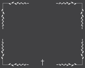 Funeral vector card. Empty card with white cross and leaves 