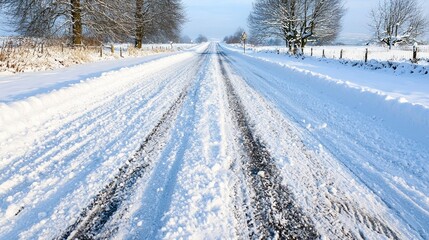 Obraz premium Snowy country road, tire tracks, winter landscape, travel background