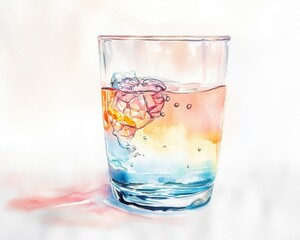 Elegant watercolor of microscopic plastic particles inside a glass of water, transparency revealing invisible threats, soft textures with deep meaning. 
