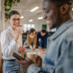 female and male colleague enjoy on the coffee break at office