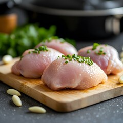 Raw chicken breasts, kitchen prep, cooking