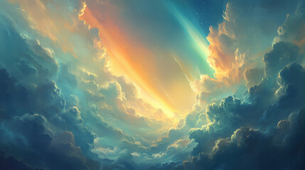 Obraz premium A beautifully illustrated sky background featuring a glowing rainbow emerging from layers of soft, billowy clouds