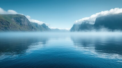 Fototapeta premium Tranquil Fjord Landscape with Mountains and Misty Reflections