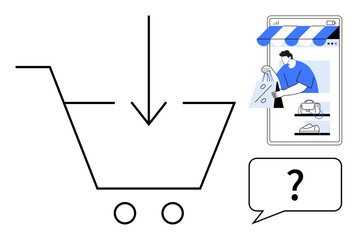 Shopping cart with a downward arrow, man purchasing items online on a smartphone, inquiry speech bubble. Ideal for e-commerce, online shopping, digital transactions, customer service, user