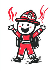 A sketch of a smiling figure wearing a yellow firefighter uniform and a helmet with a headlamp. The background is white.

