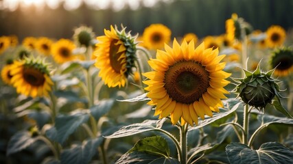 Fototapeta premium closeup of a sunflowers on a morning dew forest background