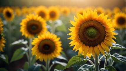 closeup of a sunflowers on a morning dew forest background
