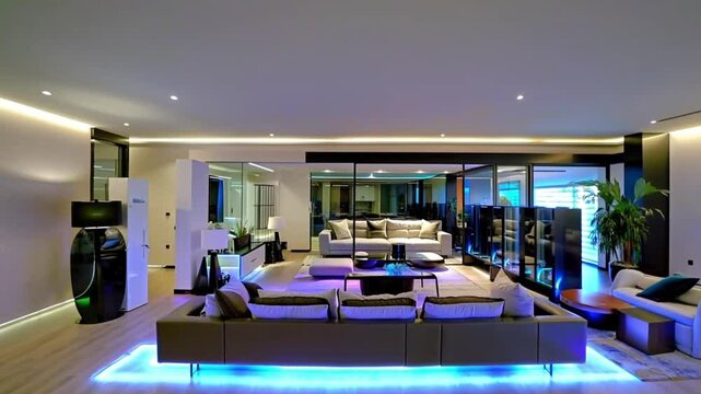 A drone view of a sleek, neon-lit living room with contemporary furniture, captured in a captivating shot.