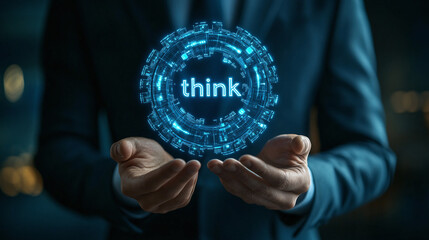 A businessman in elegant suit holding a blue digital hologram gear or cogwheel with text "think". innovation and development of corporate systems, technology advancement progress and efficiency.
