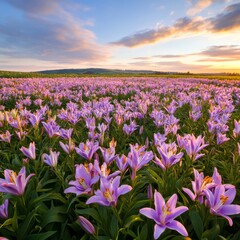 Fototapeta premium Serene Sunset Over a Lavender Field