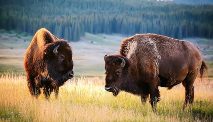Majestic Pair of Bison Roam Freely in a Yellowstone Meadow at Sunset, Showcasing the Rugged Beauty and Wildlife Richness of Americas First National Park.