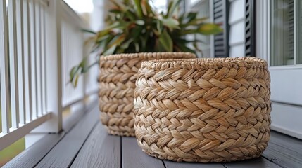 Fototapeta premium Stylish Natural Woven Baskets for Home Decor on a Patio