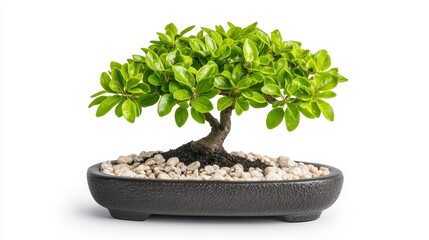 Lush Green Bonsai Tree In Dark Gray Pot On White Background