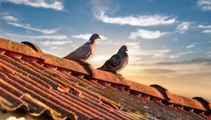 Urban Charm Two Pigeons Perched on a Rustic Rooftop Against an Urban Skyline at Dusk, Depicting the Vibrancy of Urban Wildlife in a Gritty, Textured Scene