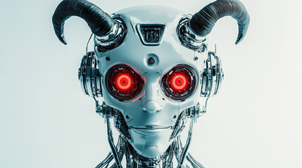 Closeup of the evil robot with red eyes and horns looking at the camera and smiling. futuristic cyborg machine made of chrome, dangerous technology innovation.