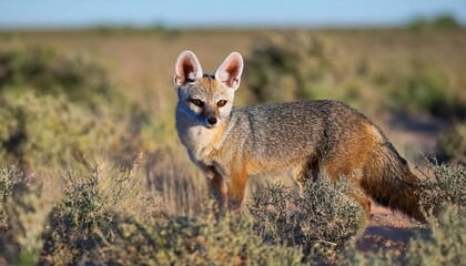 Wild and Graceful Pampas Grey Fox Roaming the Argentine Plains in Golden Hour Lighting, Captured against a Backdrop of Dusty Red Sunset and Grazing Cattle.