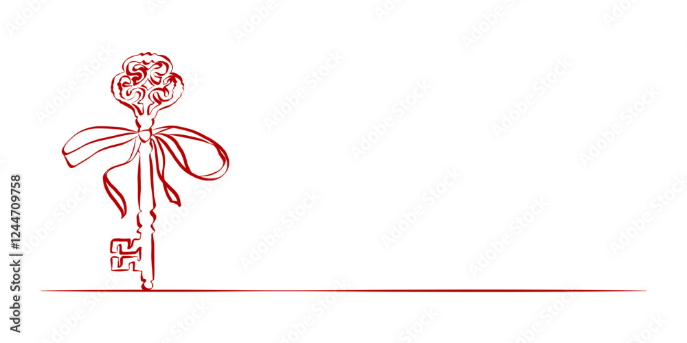 Poster coquette key with ribbon bow of hand drawn line art style. simple crayon and sketch symbol for valen