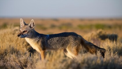 Obraz premium Striking Pampas Grey Fox in the Grassy Plains of La Pampa, Argentina at Dusk A Captivating Wildlife Moment with Earthy Tones and Rugged Textures.