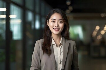 Fototapeta premium Smiling businesswoman portrait, office night, blurred background, corporate headshot