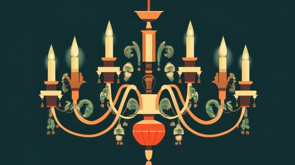 Illustrative Art of an Elegant Chandelier with Vintage Design Featuring Ornate Details and Candle-Shaped Lights in a Symmetrical Arrangement