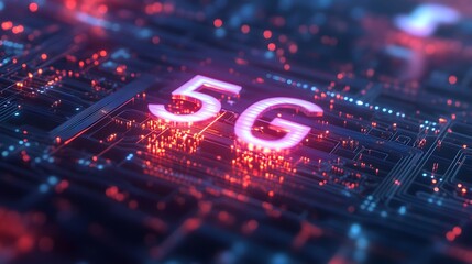 Futuristic 5G Technology Abstract with Glowing Circuit Board Elements and Smooth Curves