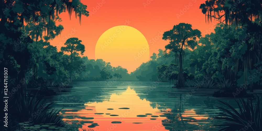 Wall mural Captivating Tropical Waterway at Sunset with Lush Vegetation and Reflective Water Surface under a Stunning Orange Sky with Silhouetted Trees