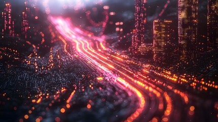 Obraz premium Futuristic Glowing Travel Icons in Neon Lit Cityscape with Dark Background