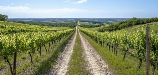 Obraz premium Lush Green Vineyard Landscape with Gravel Path on Sunny Day