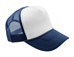 Blue and white trucker cap with mesh back isolated on a transparent background. Classic curved brim hat for casual wear and branding.