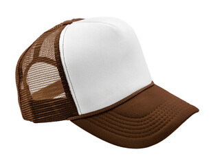 Brown trucker cap with white front panel, isolated on transparent background, ideal for design or...