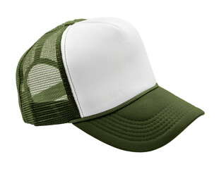 Olive green trucker hat with white front panel on transparent background, ideal for advertising...