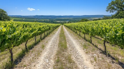Fototapeta premium Lush Green Vineyard Rows on a Sunny Day, Gravel Path and Scenic Rural Landscape