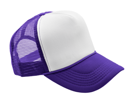 Two-tone trucker cap with white front panel and purple visor on transparent background. Perfect for design and promotional mockups.
