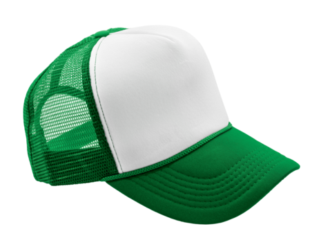 Green and white trucker cap isolated on transparent background. Classic mesh baseball hat for casual wear, branding, and customization.