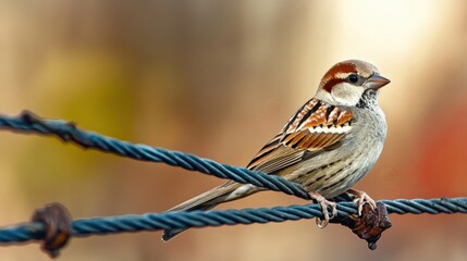 Close-up of a House Sparrow Perched on a Wire in Natural Setting