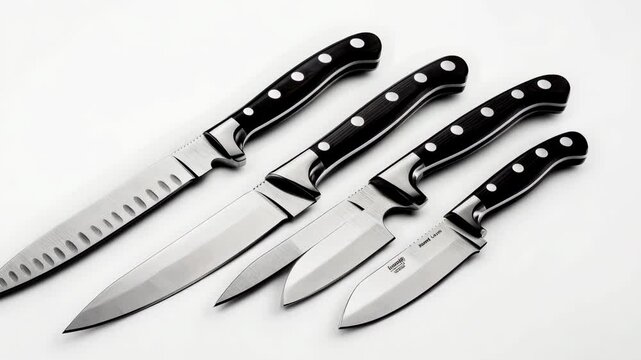 Rotating display of sharp kitchen knives with black handles on white background